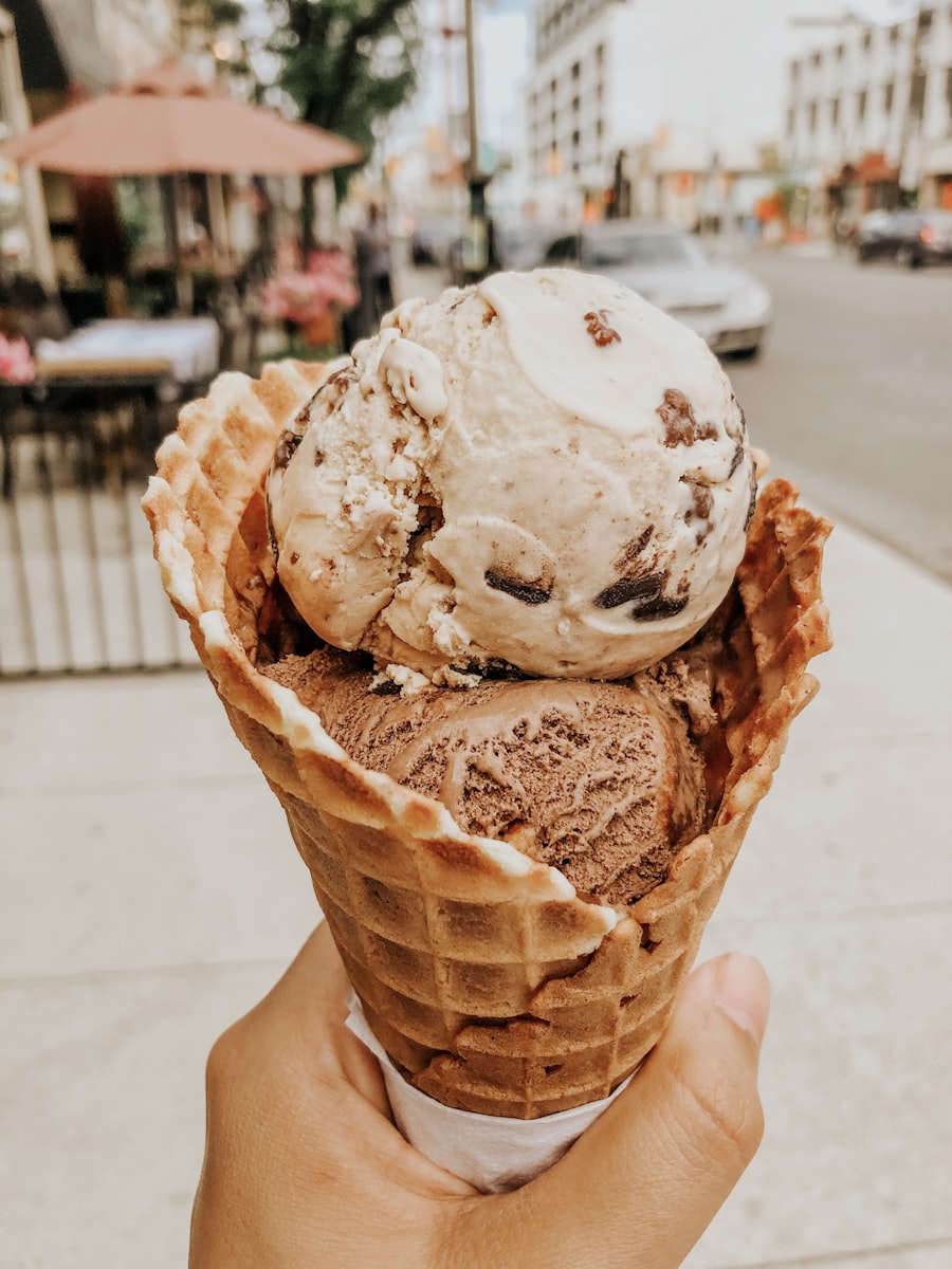 A swirl of chocolate and vanilla soft serve ice cream